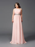 A-Line/Princess One-Shoulder Rhinestone Sleeveless Long Chiffon Plus Size Dresses TPP0002809