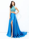 A-line/Princess High Neck Beading Sleeveless Long Satin Two Piece Dresses TPP0002851