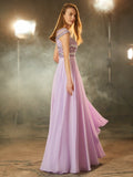 A-Line/Princess Scoop Short Sleeves Floor-Length Beading Chiffon Dresses TPP0003980