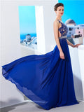 A-Line/Princess Sleeveless Sheer Neck Chiffon Applique Sweep/Brush Train Dresses TPP0003142