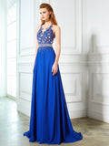 A-Line/Princess Sleeveless Sheer Neck Chiffon Applique Sweep/Brush Train Dresses TPP0003257