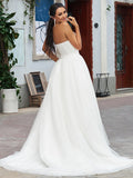 A-Line/Princess Lace Ruffles Sweetheart Sleeveless Sweep/Brush Train Wedding Dresses TPP0006517