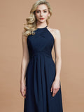 A-Line/Princess Halter Sleeveless Ruched Floor-Length Chiffon Bridesmaid Dresses TPP0005208