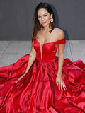 A-Line/Princess Ruffles Sleeveless Satin Off-the-Shoulder Sweep/Brush Train Dresses TPP0004573