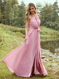 A-Line/Princess Chiffon Ruffles Halter Sleeveless Sweep/Brush Train Bridesmaid Dresses TPP0004973