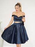 A-Line/Princess Satin Off-the-Shoulder Ruffles Sleeveless Tea-Length Two Piece Dresses TPP0004577