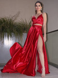 A-Line/Princess Elastic Woven Satin Ruffles V-neck Sleeveless Sweep/Brush Train Two Piece Dresses TPP0004617