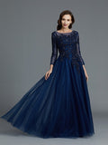 A-Line/Princess Long Sleeves Scoop Beading Floor-Length Tulle Mother of the Bride Dresses TPP0007069