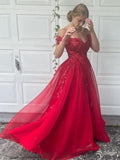 A-Line/Princess Off-the-Shoulder Tulle Applique Sleeveless Floor-Length Dresses TPP0001493