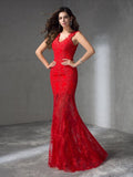 Trumpet/Mermaid V-neck Applique Sleeveless Long Satin Dresses TPP0003240