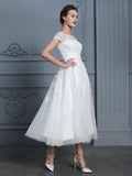 A-Line/Princess Scoop Short Sleeves Tea-Length Beading Tulle Wedding Dresses TPP0006474