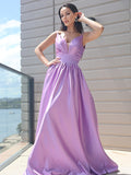 A-Line/Princess Satin Ruched V-neck Sleeveless Sweep/Brush Train Dresses TPP0001754