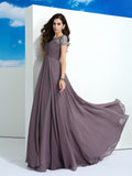 A-Line/Princess Sheer Neck Beading Short Sleeves Long Chiffon Dresses TPP0002078