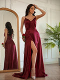 A-Line/Princess Silk like Satin Ruched V-neck Sleeveless Sweep/Brush Train Dresses TPP0001545