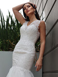 Trumpet/Mermaid Tulle Lace V-neck Sleeveless Sweep/Brush Train Wedding Dresses TPP0006142