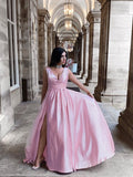 A-Line/Princess Sleeveless V-neck Silk like Satin Ruffles Sweep/Brush Train Dresses TPP0004223