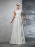 A-Line/Princess Sheer Neck Applique Short Sleeves Long Chiffon Wedding Dresses TPP0006193