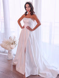 A-Line/Princess Satin Ruffles Strapless Sleeveless Sweep/Brush Train Wedding Dresses TPP0006459