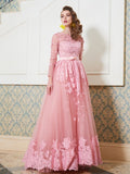 A-Line/Princess Scoop 3/4 Sleeves Floor-Length Applique Tulle Dresses TPP0003216