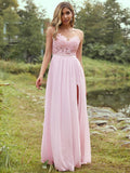 A-Line/Princess Chiffon Applique Scoop Short Sleeves Floor-Length Bridesmaid Dresses TPP0004951