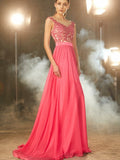 A-Line/Princess Sleeveless Sheer Neck Sweep/Brush Train Applique Chiffon Dresses TPP0003444