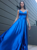 A-Line/Princess Silk like Satin Ruffles V-neck Sleeveless Sweep/Brush Train Dresses TPP0001680