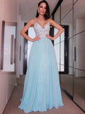 A-Line/Princess Chiffon Applique Sleeveless V-neck Sweep/Brush Train Dresses TPP0003686