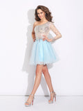 A-Line/Princess One-Shoulder Beading Long Sleeves Short Elastic Woven Satin Dresses TPP0008613