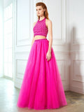 A-Line/Princess Halter Beading Sleeveless Net Floor-Length Two Piece Dresses TPP0003480