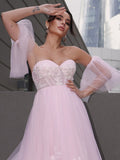 A-Line/Princess Tulle Applique Sweetheart Short Sleeves Court Train Wedding Dresses TPP0006133