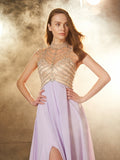 A-Line/Princess High Neck Sleeveless Sweep/Brush Train Crystal Chiffon Dresses TPP0002371