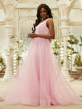 A-Line/Princess Ruffles V-neck Sleeveless Floor-Length Dresses TPP0004877