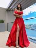 A-Line/Princess Sleeveless Off-the-Shoulder Satin Ruffles Sweep/Brush Train Dresses TPP0001373