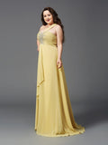 A-Line/Princess One-Shoulder Rhinestone Sleeveless Long Chiffon Plus Size Dresses TPP0003729