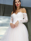 A-Line/Princess Long Sleeves Tulle Applique Off-the-Shoulder Court Train Wedding Dresses TPP0005989