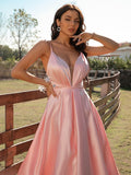 A-Line/Princess Satin Ruched V-neck Sleeveless Sweep/Brush Train Dresses TPP0001442