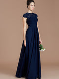 A-Line/Princess Jewel Short Sleeves Lace Floor-Length Chiffon Bridesmaid Dresses TPP0005179