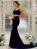 Trumpet/Mermaid Velvet Ruffles Straps Sleeveless Sweep/Brush Train Bridesmaid Dresses TPP0004964