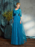 A-Line/Princess V-neck Applique 3/4 Sleeves Long Net Mother of the Bride Dresses TPP0007436