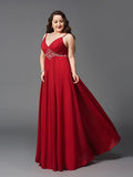 A-Line/Princess Spaghetti Straps Beading Sleeveless Long Chiffon Plus Size Dresses TPP0002460