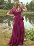 A-Line/Princess Chiffon Ruffles V-neck Short Sleeves Floor-Length Bridesmaid Dresses TPP0004981