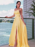 A-Line/Princess Spaghetti Straps Elastic Woven Satin Sleeveless Ruffles Sweep/Brush Train Dresses TPP0001548