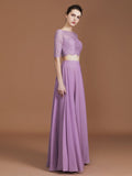 A-Line/Princess Lace Off-the-Shoulder 1/2 Sleeves Floor-Length Chiffon Bridesmaid Dress TPP0005799