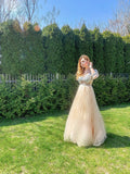 A-Line/Princess Beading Tulle Floor-Length V-neck Long Sleeves Dresses TPP0004723