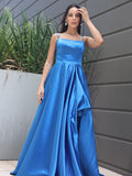 A-Line/Princess Satin Ruffles Spaghetti Straps Sleeveless Sweep/Brush Train Dresses TPP0001696