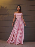 A-Line/Princess Off-the-Shoulder Sleeveless Ruffles Charmeuse Sweep/Brush Train Dresses TPP0004590