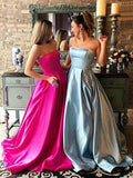 A-Line/Princess Strapless Sleeveless Sweep/Brush Train Beading Satin Dresses TPP0002465