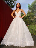 A-Line/Princess Sleeveless V-neck Tulle Sequin Sweep/Brush Train Dresses TPP0001483