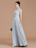 A-Line/Princess Jewel Short Sleeves Lace Floor-Length Chiffon Bridesmaid Dresses TPP0005264