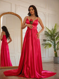 A-Line/Princess Silk like Satin Ruched V-neck Sleeveless Sweep/Brush Train Dresses TPP0001389